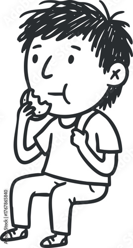 A cheerful young boy sitting and enjoying a snack with a playful expression.