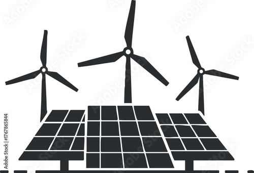 Illustration of solar panels and wind turbines representing renewable energy sources for sustainable power.