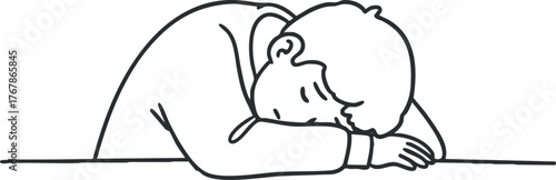 A minimalist illustration of a sad boy resting his head on his arms on a table.
