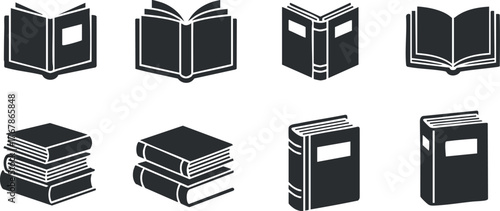 A collection of various book icons representing different styles and formats of books.
