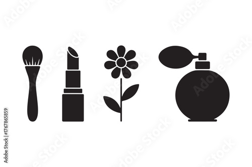 Cosmetic icons makeup brush lipstick flower perfume bottle