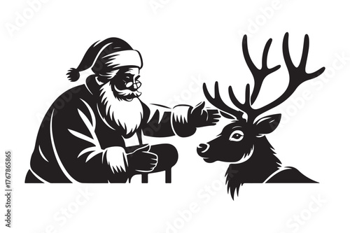 Santa claus and a reindeer in a black and white illustration