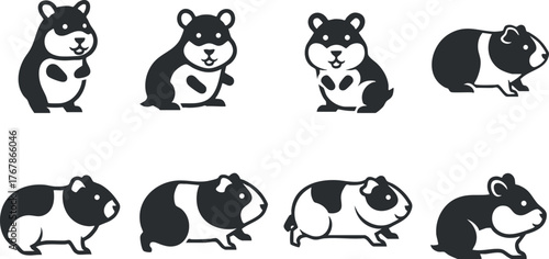 A collection of cute cartoon guinea pig illustrations in black and white design.