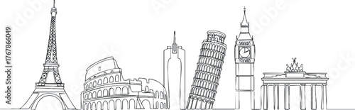 A minimalist line art illustration featuring iconic European landmarks including the Eiffel Tower and Colosseum.