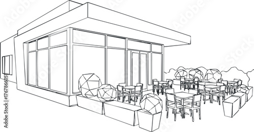 A minimalist line art illustration of a modern restaurant with outdoor seating and landscaped area.