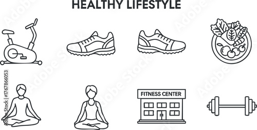 Icons representing a healthy lifestyle including fitness activities, nutrition, and wellness practices.