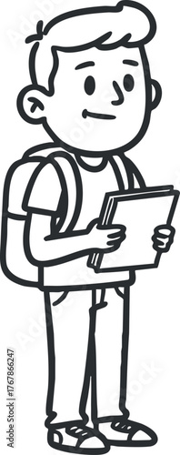 A happy schoolboy holding a notebook and wearing a backpack, ready for school.