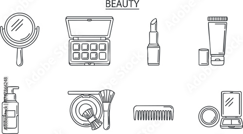 A minimalistic illustration of beauty products and tools including makeup and skincare essentials.