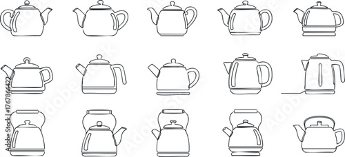 Various kettle designs illustrated in a minimalist line art style for kitchen and cooking themes.