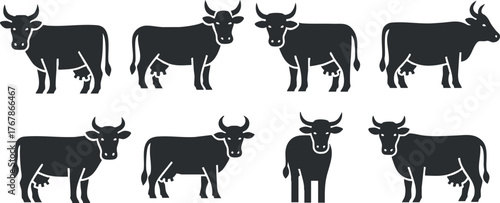 A collection of stylized cow silhouettes representing farm life and livestock.