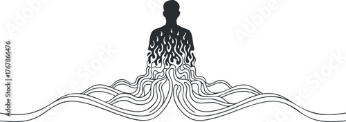 Abstract silhouette of a person with flowing lines and flames representing creativity and emotion.