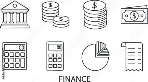 Illustration of finance concepts including bank, money, calculators, and financial charts.