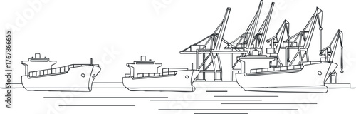 Illustration of cargo and fishing ships at a busy port with cranes and loading activities.