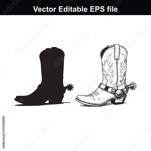 Detailed illustration of a cowboy boot with a spur and its silhouette