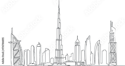 Stylized line art of the Dubai skyline featuring iconic buildings and the Burj Khalifa.