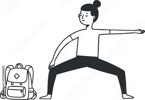 A woman practicing yoga outdoors beside a backpack in a serene setting.