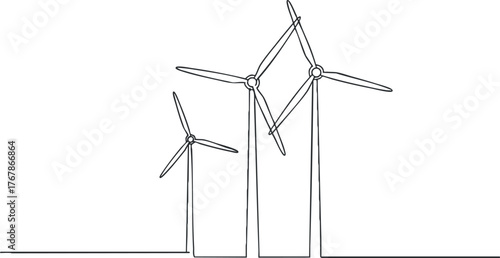 Minimalist illustration of wind turbines representing sustainable energy generation and environmental awareness.