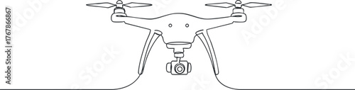 Outline illustration of a drone with a camera capturing aerial views and photography.