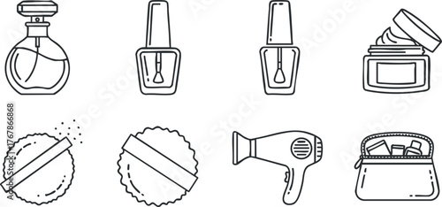 A collection of beauty and personal care items including perfume, nail polish, and skincare products.