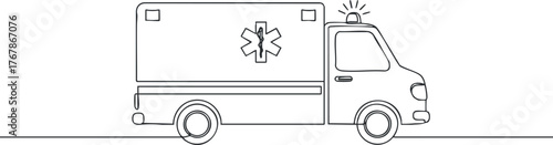 A simple line drawing of an ambulance with a medical symbol and siren light.