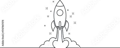 A simple illustration of a rocket launching into space with clouds and stars.