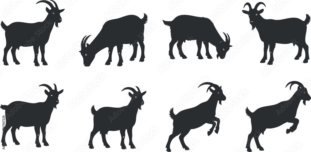 Naklejka premium A collection of goat silhouettes showcasing various poses and expressions on a white background.