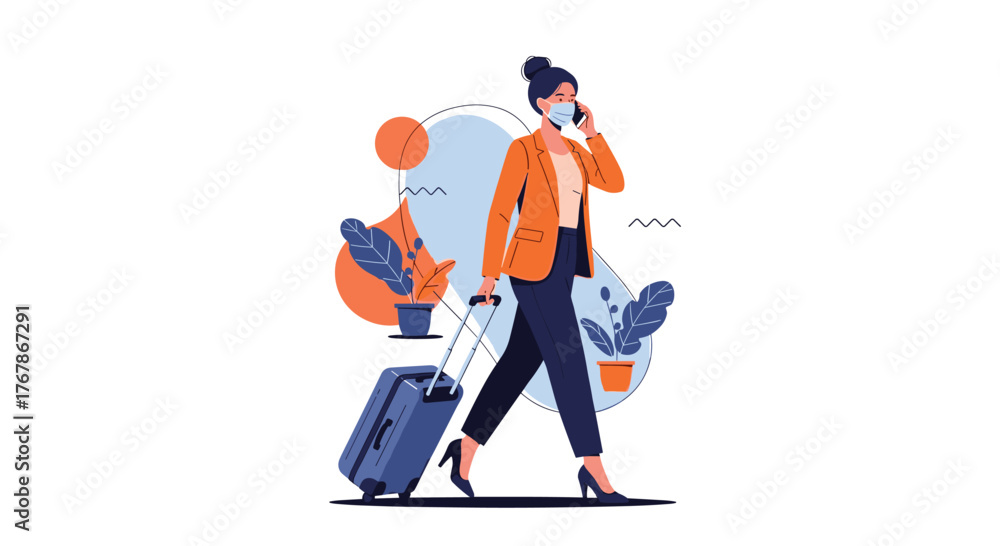 Obraz premium Woman wearing a mask and talking on her phone while pulling a suitcase.