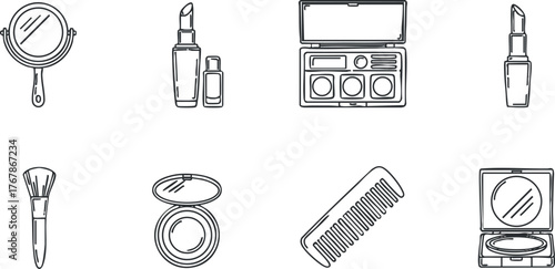 A collection of hand-drawn cosmetic items including lipstick, brushes, and mirrors.