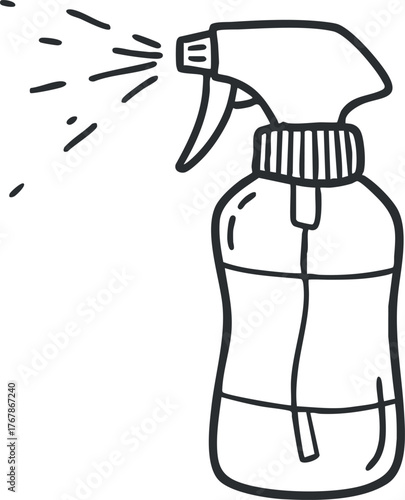 A spray bottle used for cleaning and disinfecting various surfaces in homes and workplaces.