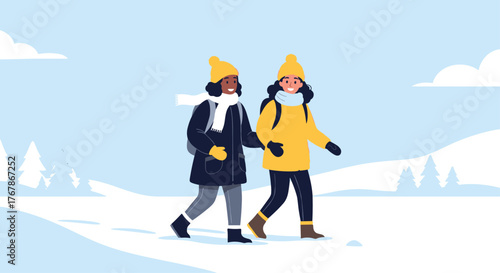 Two young women in winter clothes hiking through snowy landscape, walking side by side, enjoying the outdoors, staying warm, and having a nice day.