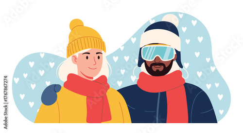 Illustrated smiling couple bundled up in warm winter clothing and ski accessories, embracing gently with a backdrop of white hearts.
