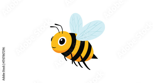 A cute cartoon bee with black and yellow stripes flies with its wings spread open.