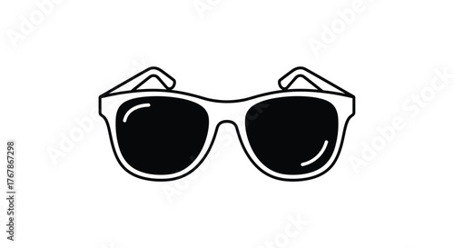 A minimalist black and white vector illustration of sunglasses on a white background, perfect for design and editorial use, representing fashion and summer activities.