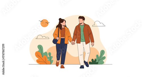 An illustrated depiction of a happy couple taking a romantic stroll, holding hands amidst abstract natural elements under a warm sky.