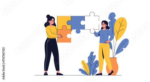 Two women actively engage in building a large puzzle together, representing effective collaboration, problem-solving, and achieving shared goals.