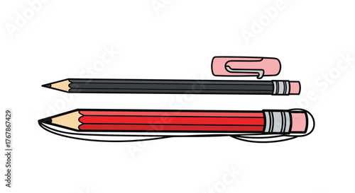 A graphite pencil and a colored pencil rest together with an eraser for a creative set of writing and drawing utensils.