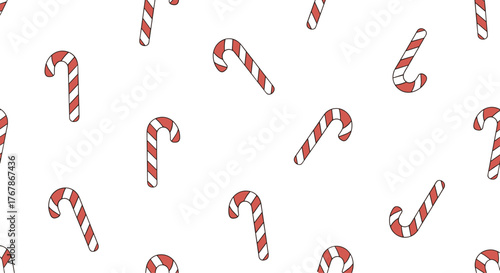 A festive seamless pattern of red and white striped candy canes scattered randomly on a clean white background, evoking a sweet holiday spirit.
