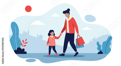Parent and child wearing face masks walk hand in hand with shopping bags.