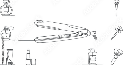 A minimalist line art illustration featuring beauty tools and products including a hair straightener.