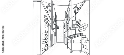 A detailed line art illustration of a narrow urban alley with lanterns and a cart.
