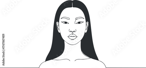 Stylized black and white illustration of a woman with long hair and elegant features.