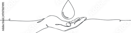 A minimalist line art illustration of hands holding a water drop symbolizing care and sustainability.