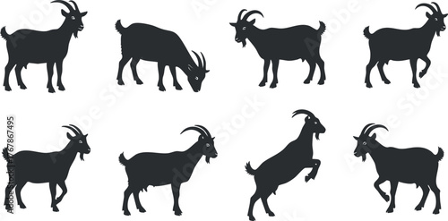 A collection of goat silhouettes in various poses ideal for agricultural or wildlife themes.