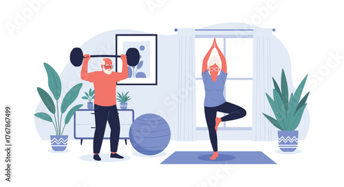 Senior couple exercising at home with weights and yoga to maintain their health and wellness routine, indoors.