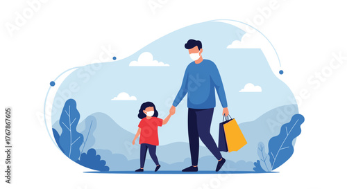 A father and his young daughter, both wearing face masks, walk hand-in-hand outdoors, with the father carrying shopping bags.