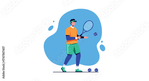 Man in athletic wear playing tennis, tossing a ball with a racket on a blue abstract background.