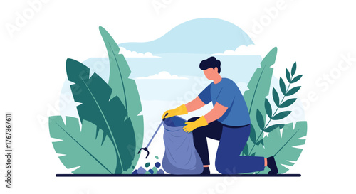 A person kneeling and picking up trash in a nature setting with foliage and sky, environmental cleanup illustration.
