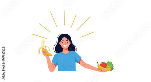 Illustration of a smiling woman surrounded by radiant lines, holding a peeled banana in one hand and assorted fruits and vegetables in the other.
