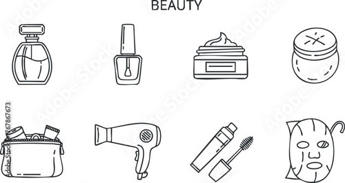 Collection of beauty and skincare items including perfume, nail polish, and hair tools.
