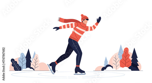 A person in warm winter clothes glides gracefully on ice skates in a picturesque winter landscape surrounded by colorful trees.